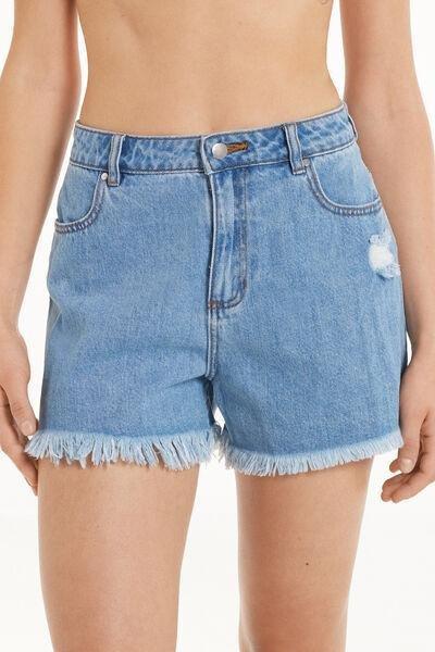 BLUE DENIM Shorts in Fringed Denim, , large image number 0
