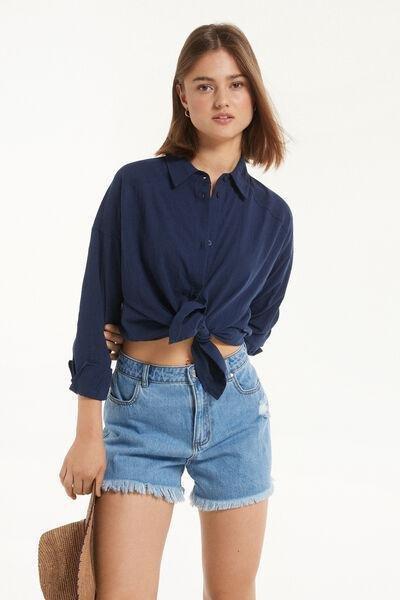 BLUE DENIM Shorts in Fringed Denim, , large image number 1