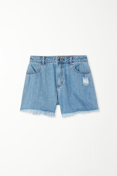 BLUE DENIM Shorts in Fringed Denim, , large image number 4