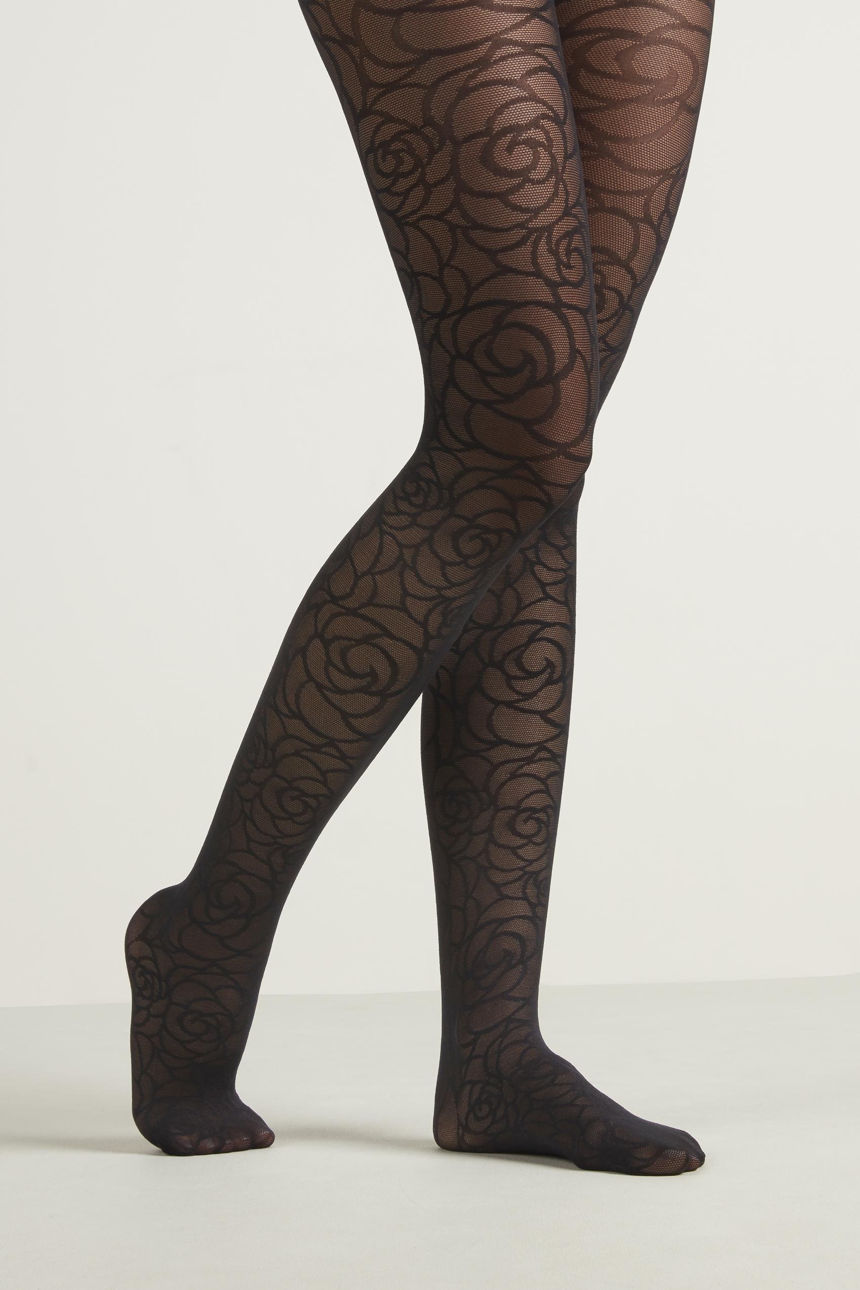 Black Rose Embroidery 40-Denier Print Tights, Women, , large image number 0