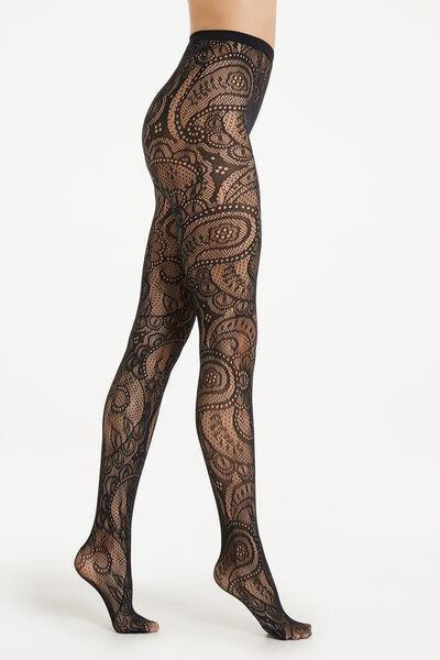 Black Patterned Mesh Tights, , large image number 0