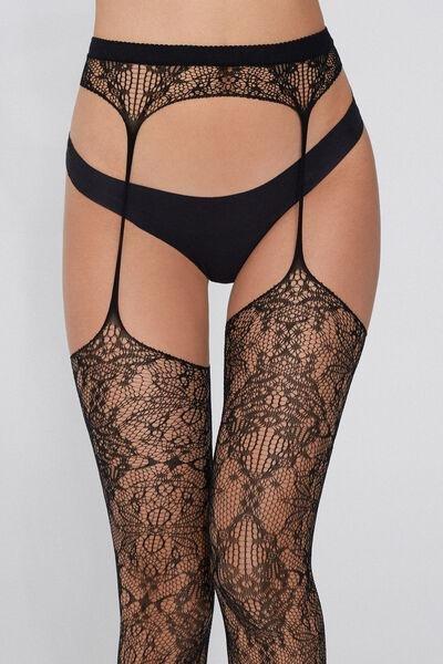 Floral Patterned Fishnet Tights, Black, 5701_099Z, large image number 1
