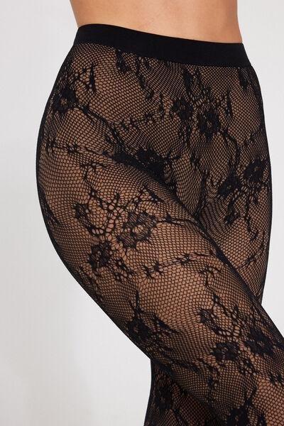 Nude-Effect Thermal Lace Tights, Black, Black, medium