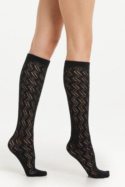 Black Long Thick Openwork Knee-Highs Tights, , large image number 0