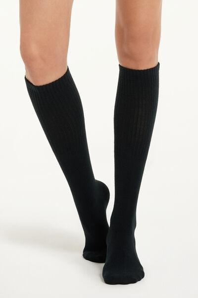 Black Long Warm Ribbed Socks, Black, large image number 0
