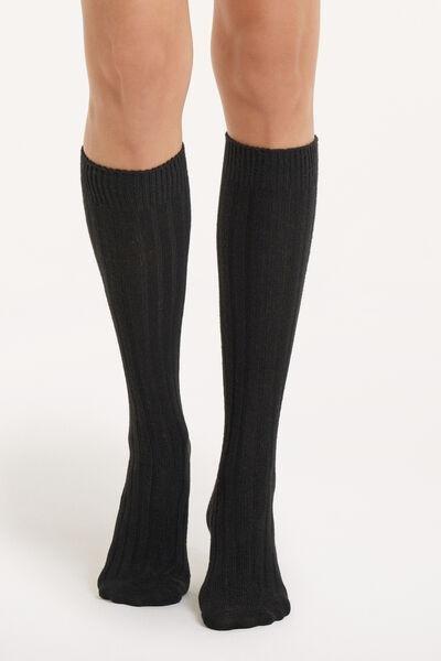 Black Long Thick Ribbed Socks, Black, large image number 0