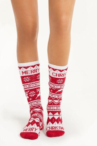 Red Thick Christmas Print Long Socks, , large image number 0