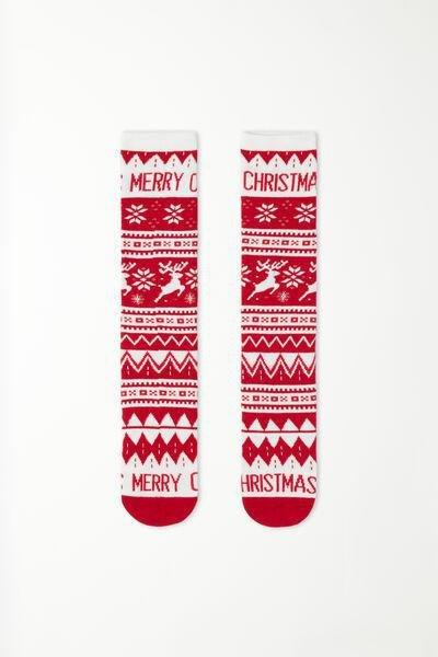 Red Thick Christmas Print Long Socks, , large image number 1