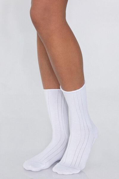 White Ribbed Socks, White, large image number 0