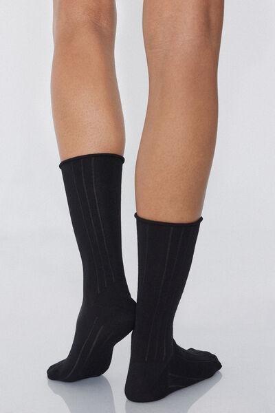 Black 3/4 Length Ribbed Socks, Black, large image number 0