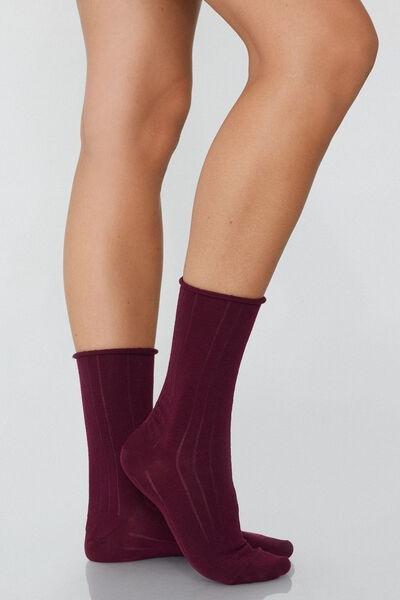 Burgundy 3/4 Length Ribbed Socks, 5701_065Y, large image number 0