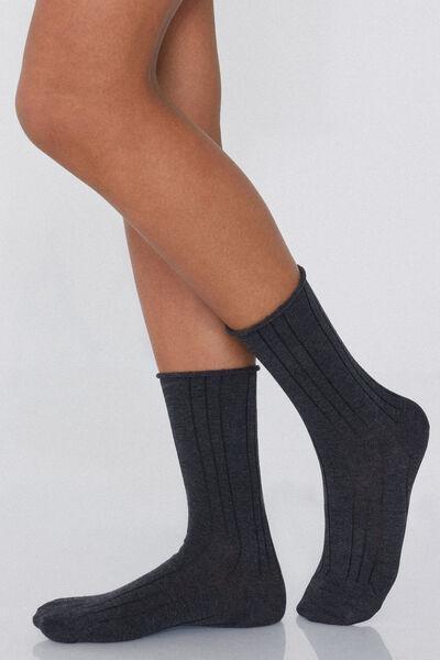 Grey 3/4 Length Ribbed Socks, , medium