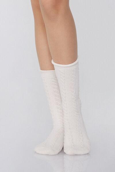 Cream Thick Cable Knit Socks, 5701_167Y, large image number 0