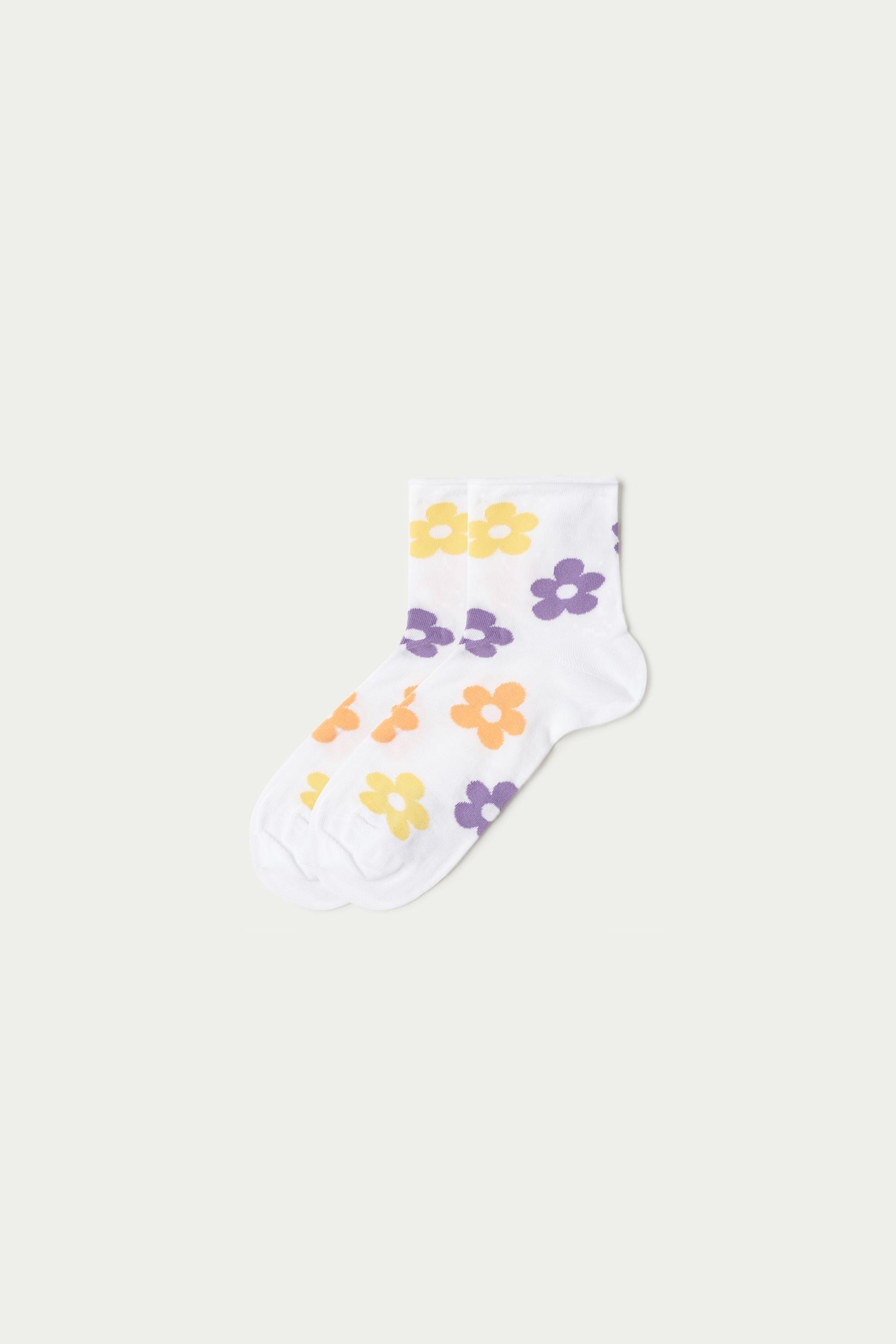 White Flowers Short Patterned Hemless Cotton Socks, Women - One-Size, 5701_9056, large image number 0