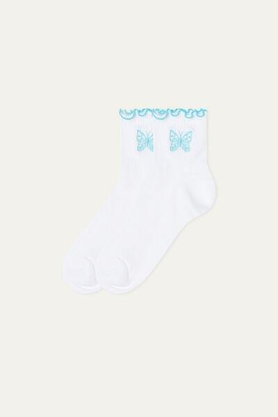 WHITE BUTTERFLY ROLLED HEM Short Worked Cotton Socks, , large image number 0