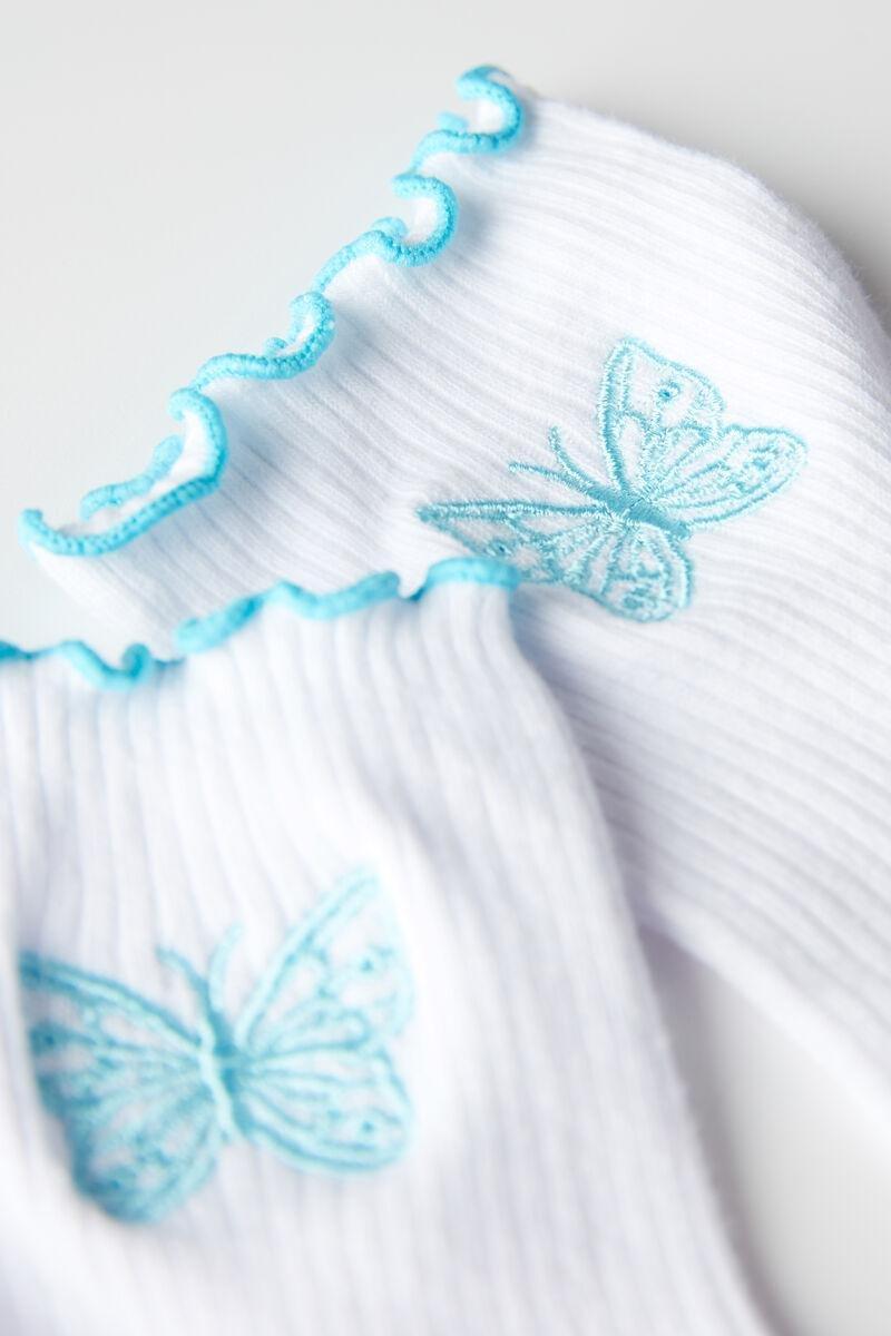 WHITE BUTTERFLY ROLLED HEM Short Worked Cotton Socks, , large image number 1