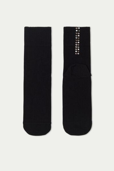 Black Rhinestone Applique Short Worked Cotton Socks, One-Size, , large image number 0