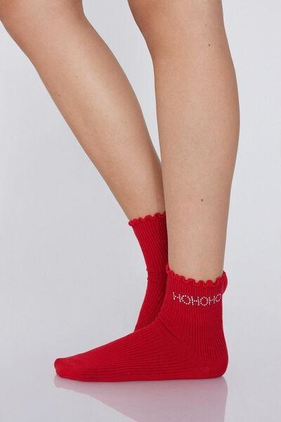Red Rolled Hem Short Ribbed Socks, 5701_133Y, large image number 0