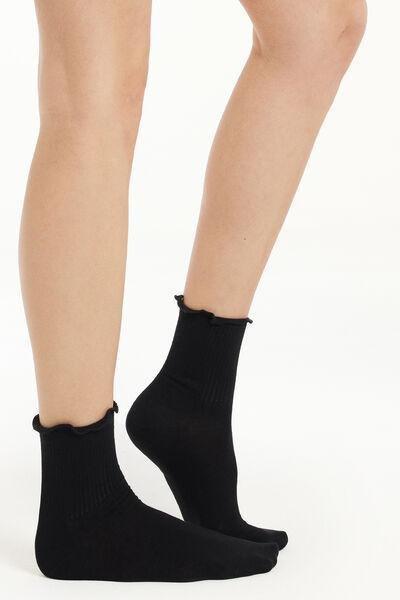 Black Rolled Hem Short Ribbed Socks, , large image number 0