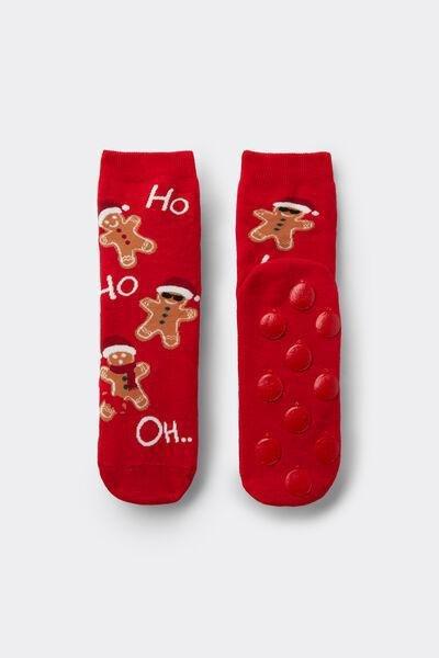 Red Christmas Gingerbread Print Cotton Non-Slip Socks, 5701_102Z, large image number 0