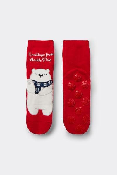 Red Christmas Lady Bear Print Cotton Non-Slip Socks, 5701_110Z, large image number 0