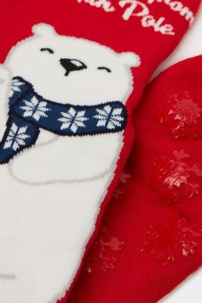 Red Christmas Lady Bear Print Cotton Non-Slip Socks, 5701_110Z, large image number 1