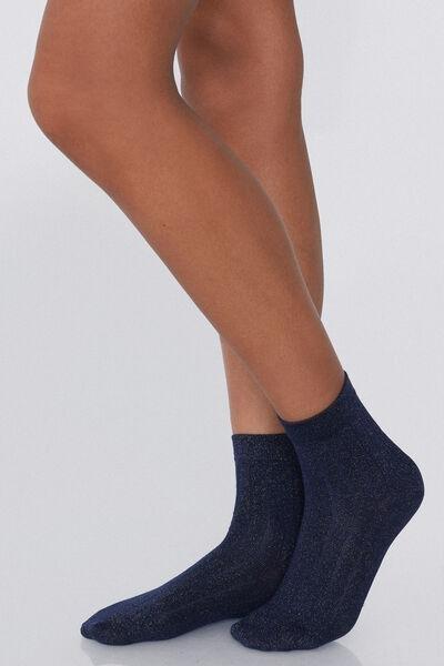 Blue Glitter Ribbed Short Socks, Blue, large image number 0