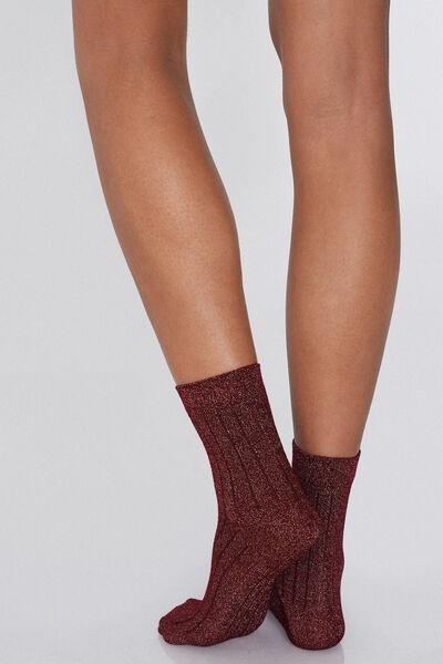 Burgundy Glitter Ribbed Short Socks, 5701_166Y, large image number 0