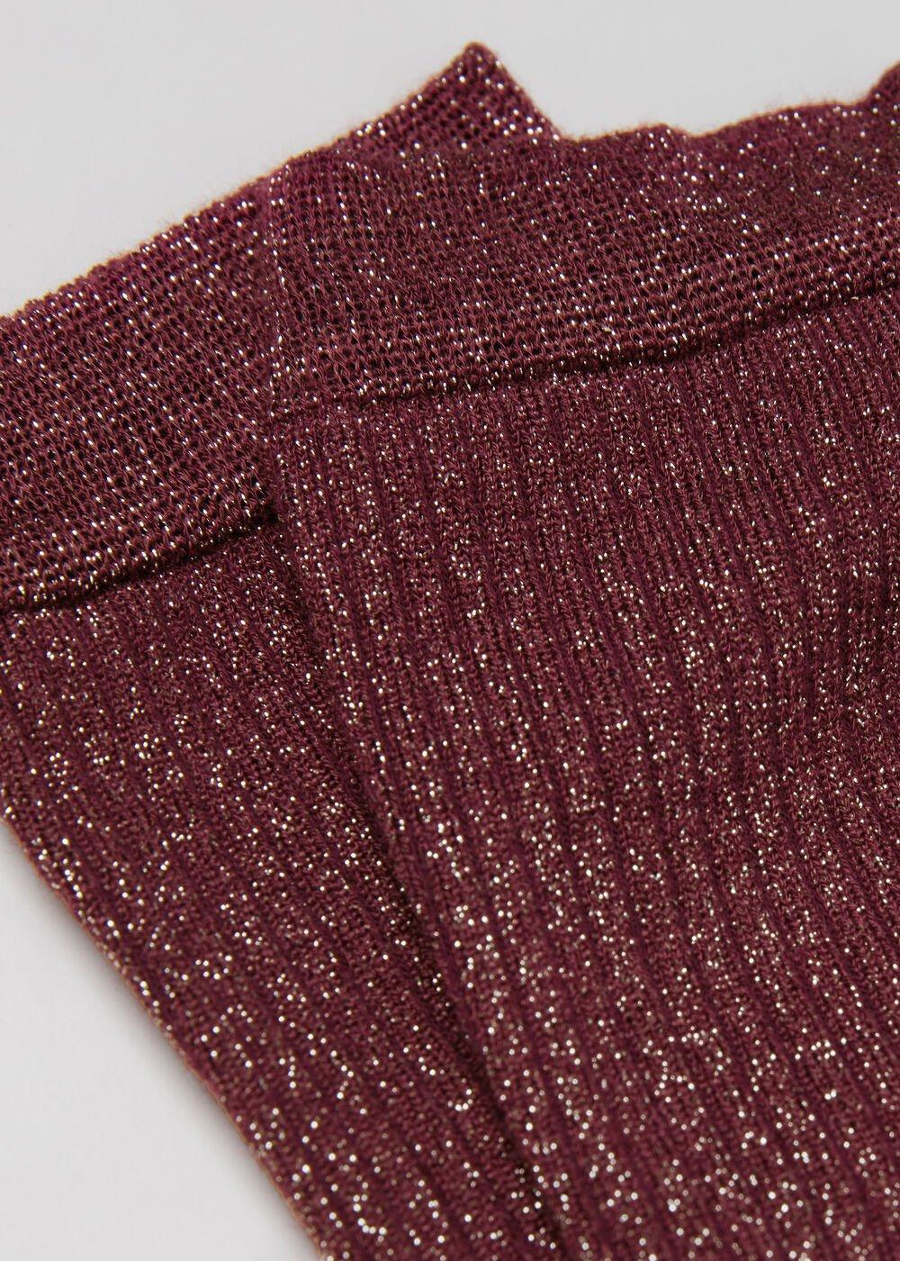 Burgundy Glitter Ribbed Short Socks, 5701_166Y, large image number 1