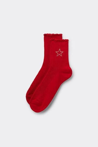 Red Short Ribbed No-Hem Cotton Socks, 5701_123Z, large image number 0