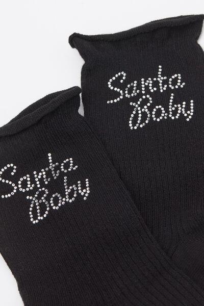 Black Rhinestones Detail Short Ribbed No-Hem Socks, 5701_141Z, large image number 1