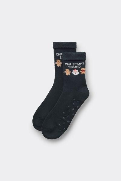 Black Christmas Squad Print Thick Non-Slip Socks, 5701_918Y, large image number 0