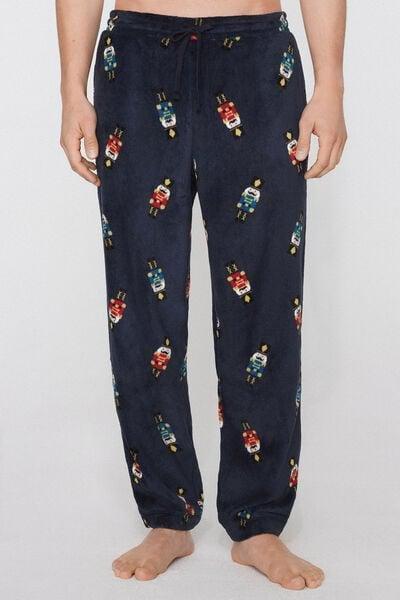 Navy Print Detail Light Fleece Pyjama Bottom, 5701_021Z, medium