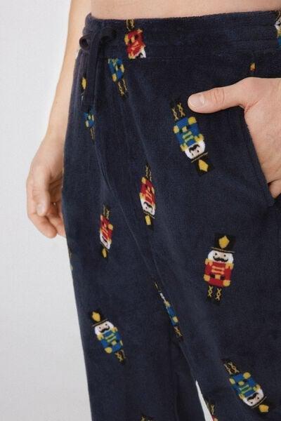 Navy Print Detail Light Fleece Pyjama Bottom, 5701_021Z, large image number 3