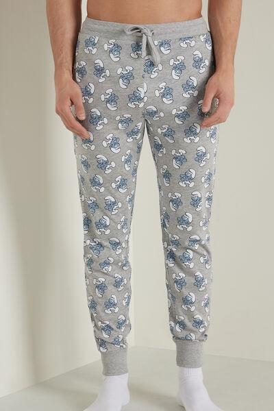 Grey Smurfs Print Long Cotton Trousers, , large image number 0