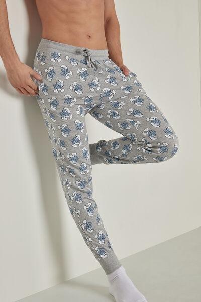 Grey Smurfs Print Long Cotton Trousers, , large image number 1