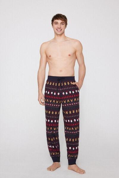 Navy Printed Heavy Cotton Pyjama Bottoms, 5701_018Z, medium