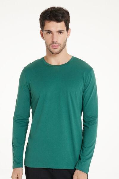 Green Long Sleeve Rounded Neck Cotton Top, 5701_003W, large image number 0