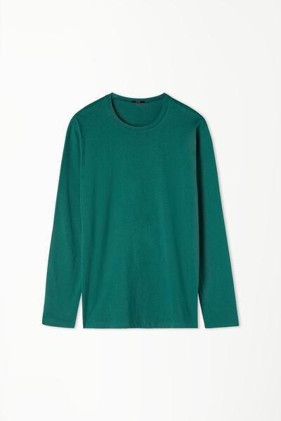 Green Long Sleeve Rounded Neck Cotton Top, 5701_003W, large image number 2