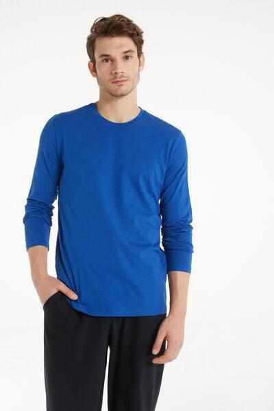 Blue Long Sleeve Rounded Neck Cotton Top, 5701_804V, large image number 0