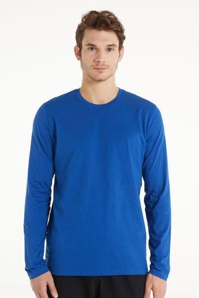 Blue Long Sleeve Rounded Neck Cotton Top, 5701_804V, large image number 1