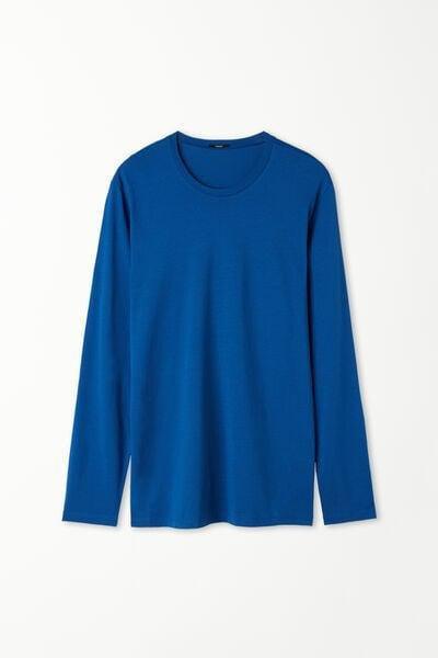 Blue Long Sleeve Rounded Neck Cotton Top, 5701_804V, large image number 4