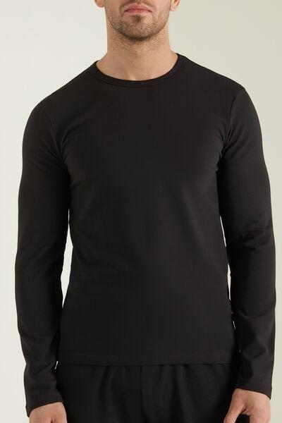 Black Long-Sleeve Round-Neck Thermal Cotton Top, Men, , large image number 0
