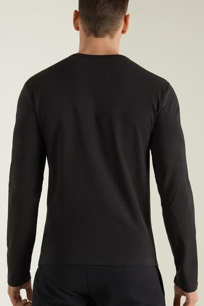 Black Long-Sleeve Round-Neck Thermal Cotton Top, Men, , large image number 2