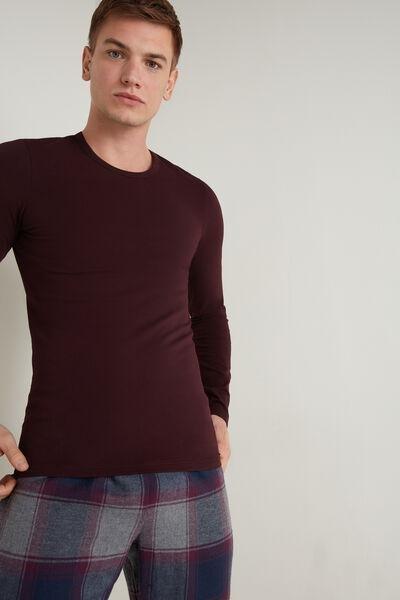 Burgundy Long-Sleeve Round-Neck Thermal Cotton Top, Dark Plum, large image number 0