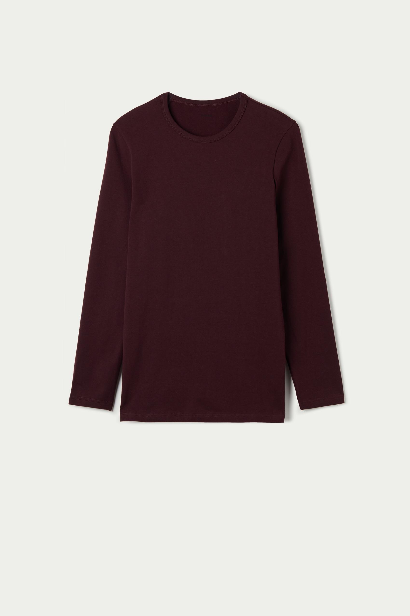 Burgundy Long-Sleeve Round-Neck Thermal Cotton Top, Dark Plum, large image number 2