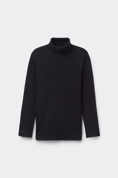 Black Long-Sleeve High-Neck Thermal Cotton Top, Black, medium