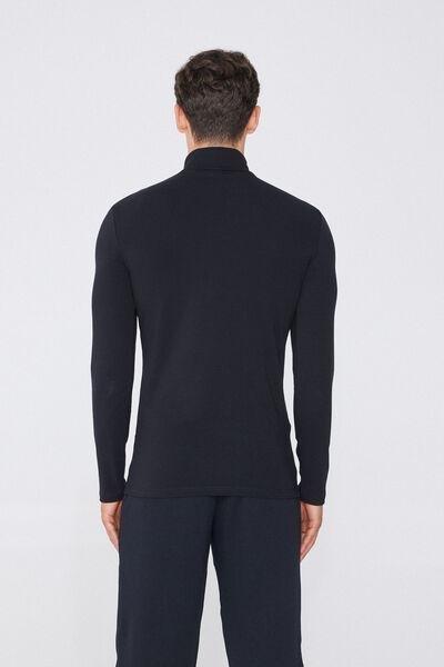 Black Long-Sleeve High-Neck Thermal Cotton Top, Black, medium