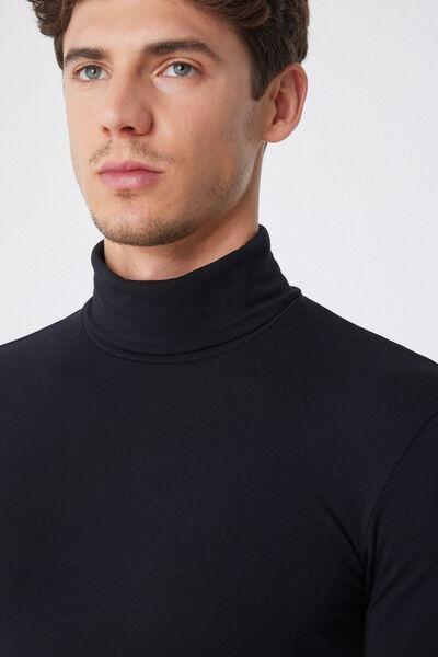 Black Long-Sleeve High-Neck Thermal Cotton Top, Black, large image number 3