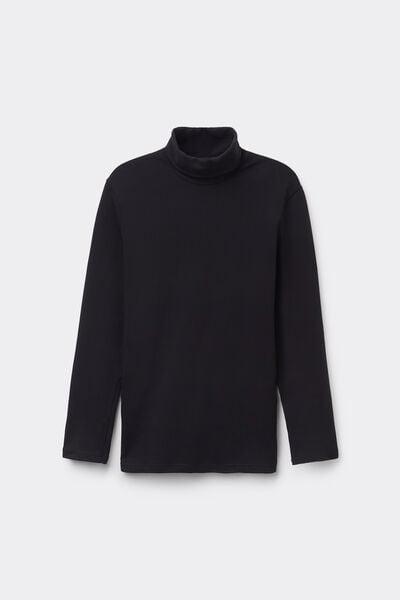 Black Long-Sleeve High-Neck Thermal Cotton Top, Black, large image number 4